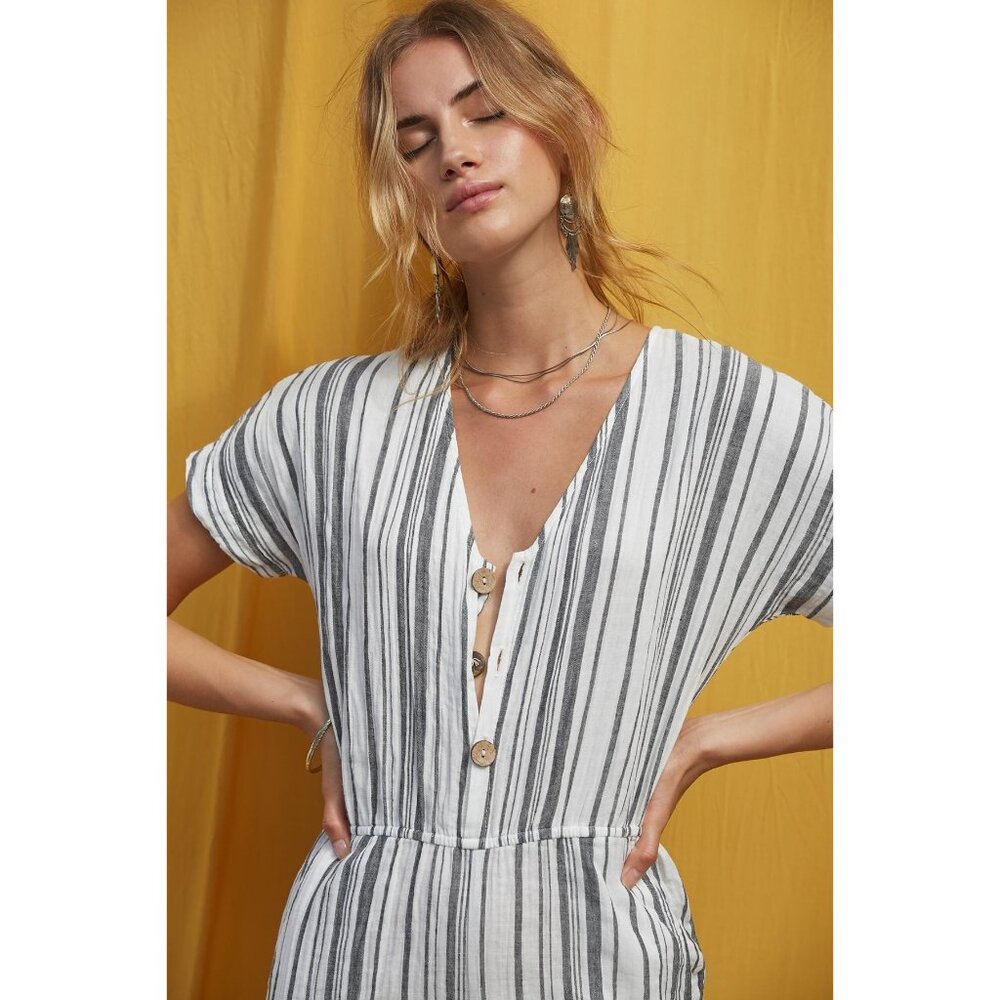 Jens Pirate Booty X Free People Ivory & Charcoal Striped Casual Boho Jumpsuit - Picture 4 of 14